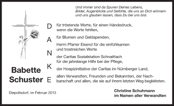 Traueranzeige von Babette Schuster von Pegnitz-Zeitung